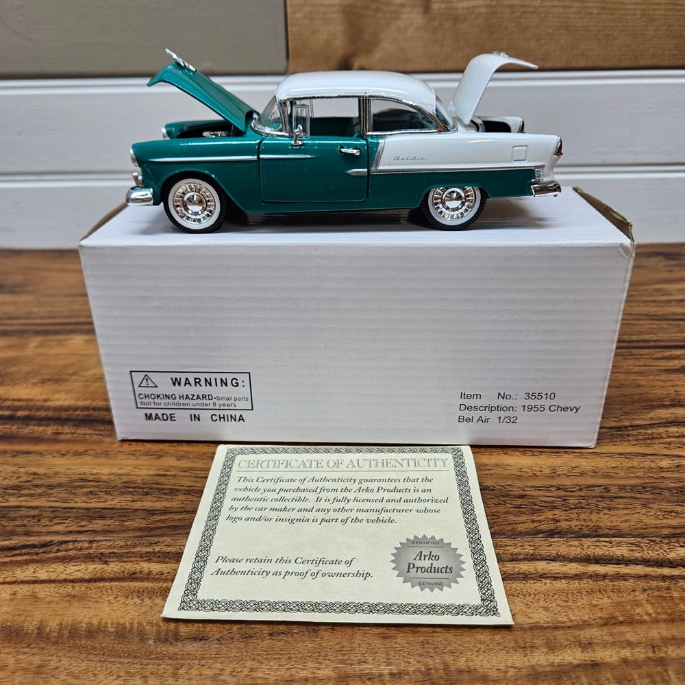 Arko Products 1955 Chevy Bel Air 1/32 Scale Diecast Car Teal White 35510 COA